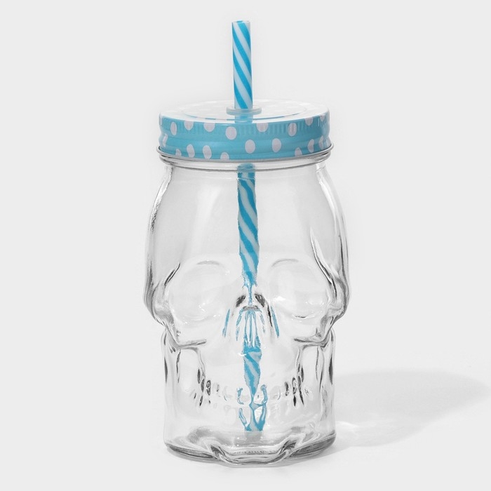 Кружка стеклянная с крышкой и трубочкой Доляна &laquo;Череп. Хэллоуин&raquo;, 400 мл, 9&times;14,5 см, цвет МИКС