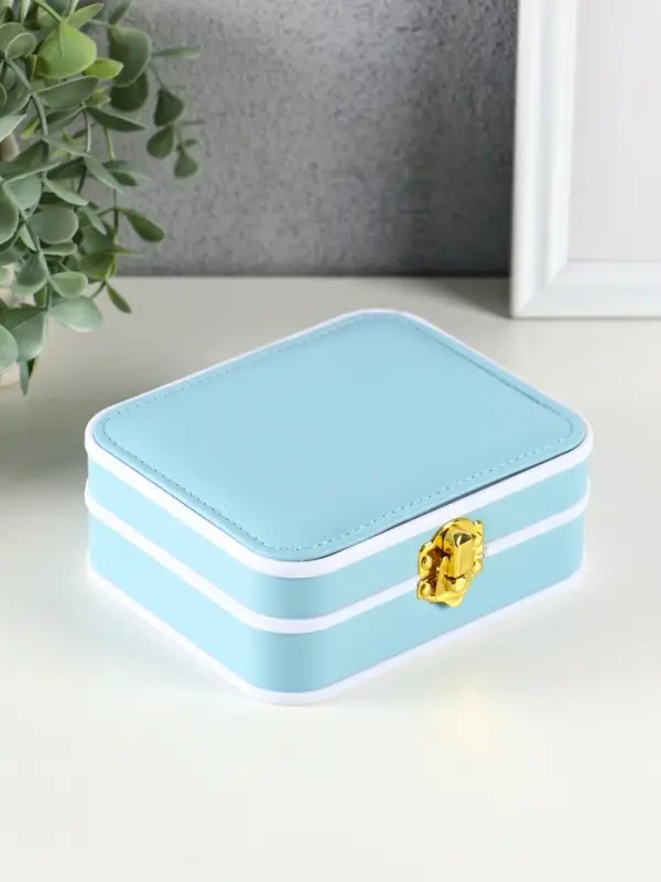 Шкатулка пластик, кожзам для украшений 6 ячеек, 10 полос, голубая 13,5х11,5х5,5 см