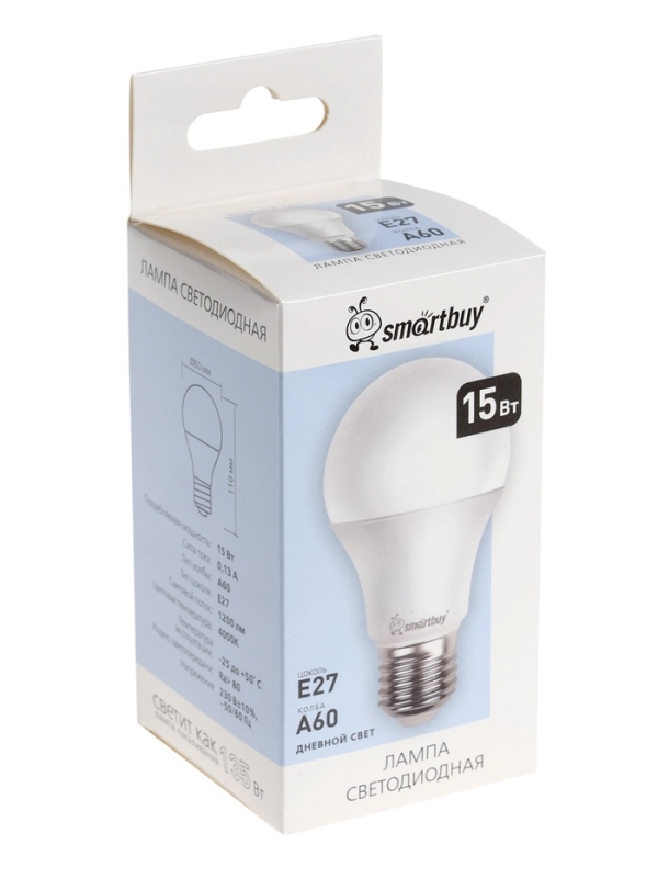 Лампа cветодиодная Smartbuy, E27, A60, 15 Вт, 4000 К, дневной белый свет