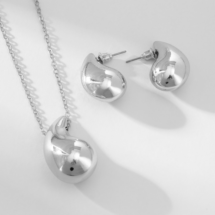 Гарнитур 2 предмета: серьги, кулон &laquo;Капля&raquo;, цвет серебро, 40 см