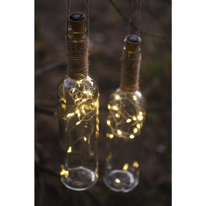 Гирлянда &laquo;Нить&raquo; 2 м роса с пробкой, IP44, серебристая нить, 20 LED, солнечная батарея, свечение тёплое белое