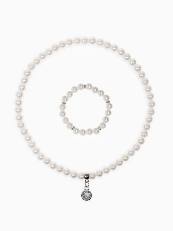 Набор детский &laquo;Выбражулька&raquo; 2 предмета: бусы, браслет d=6 см. жемчуг, белый в серебре