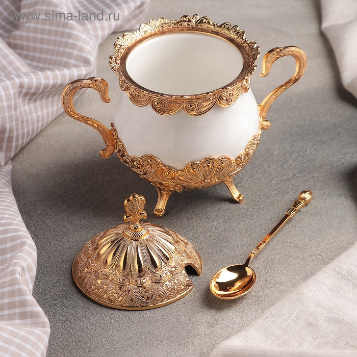 Сахарница &laquo;Бахмал&raquo;, 16&times;9&times;15 см, с ложкой, цвет металла золотой