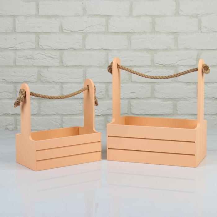 Набор кашпо деревянных 2 в 1 (25&times;15&times;30; 21&times;12&times;23 см) "Dear", ручка канат, персик