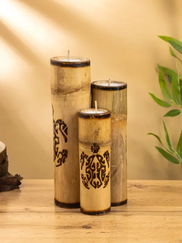 Свеча в бамбуке тройная &laquo;Экзотика&raquo;, 13&times;15&times;30 см, 100 мл, бежевая