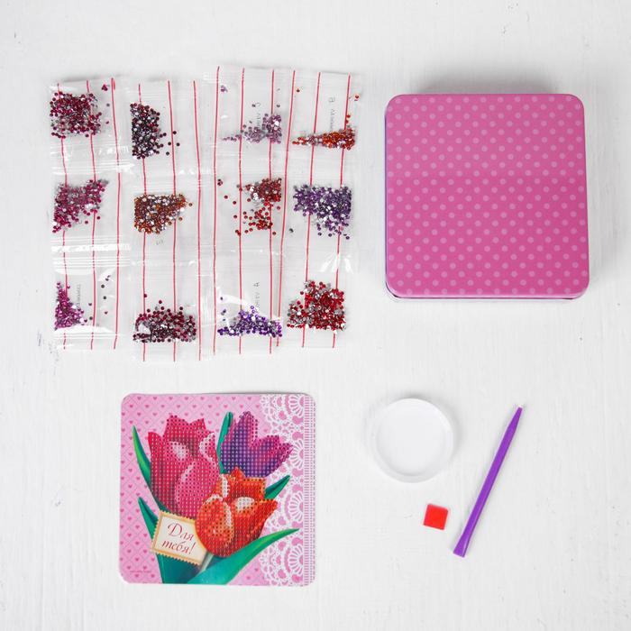 Алмазная мозаика с частичным заполнением на шкатулке &laquo;Тюльпаны&raquo;, 14 х 14 см