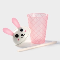 Стакан пластиковый с крышкой и трубочкой Доляна &laquo;Зайка&raquo;, 500 мл, цвет МИКС