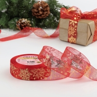 Новый год! Лента капроновая с тиснением &laquo;Фигурные снежинки&raquo;, 25 мм &times; 23 &plusmn; 1 м, цвет красный/золотой