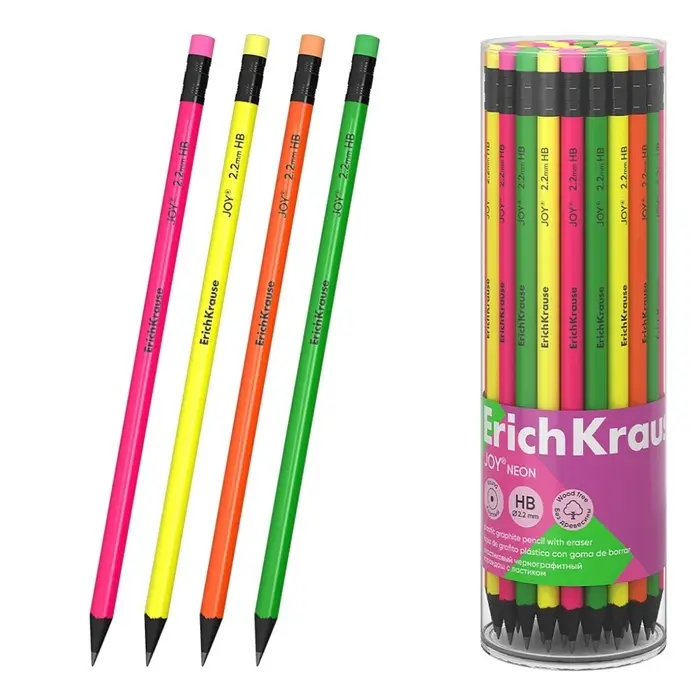 Карандаш чернографитный ErichKrause &laquo;JOY&raquo;, HB, грифель d=2.2 мм, пластик, круглый, в тубусе, неон МИКС