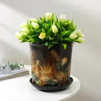 Горшок для цветов с поддоном Доляна &laquo;Голди. Листья&raquo;, 1,6 л, d=14 см, h=15,5 см, пластиковый, цвет чёрный