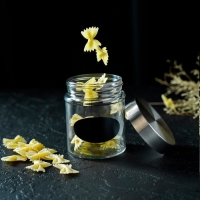 Банка стеклянная для хранения сыпучих продуктов с местом под надпись Доляна &laquo;Премиум&raquo;, 350 мл, 10&times;8 см, с металлической крышкой