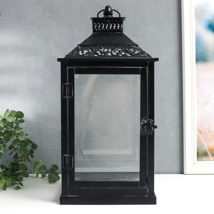 Подсвечник металл, стекло "Этна" чёрный набор 2 шт 19х19х39 см, 14х14х27 см