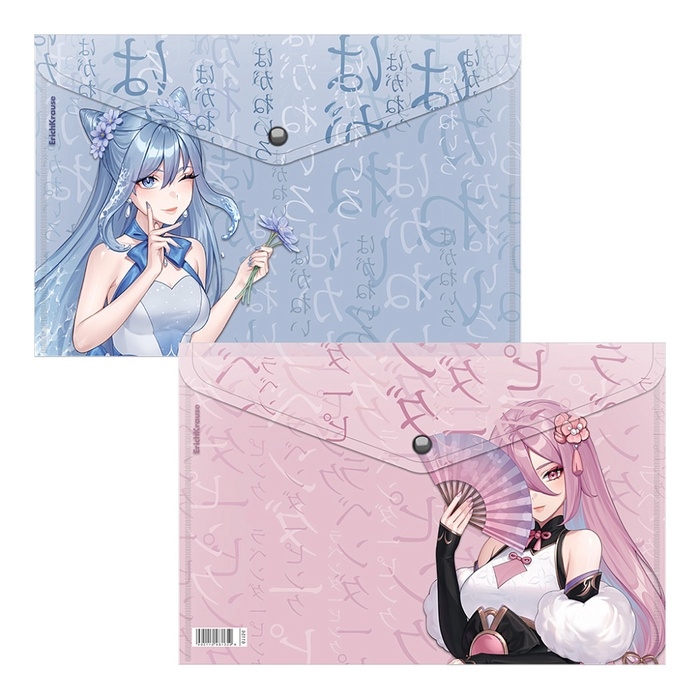 Папка-конверт на кнопке А4, 160 мкм, ErichKrause "Manga Girls", полупрозрачная, глянцевая, микс