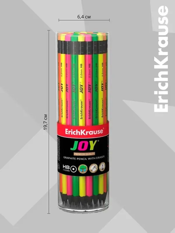Карандаш чернографитный ErichKrause &laquo;JOY&raquo;, HB, грифель d=2.2 мм, пластик, круглый, в тубусе, неон МИКС