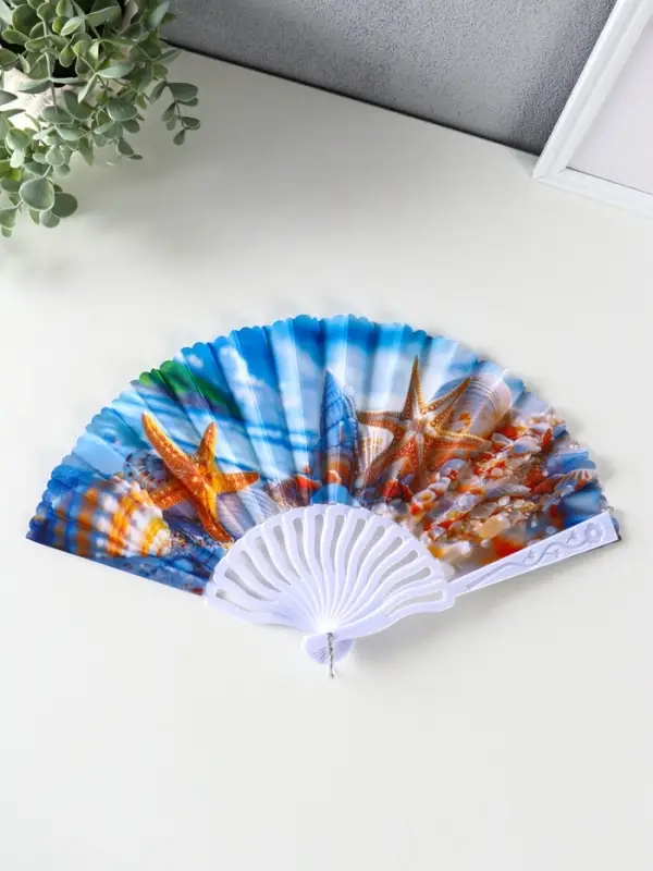 Веер пластик, текстиль "Морские ракушки" МИКС 23 см