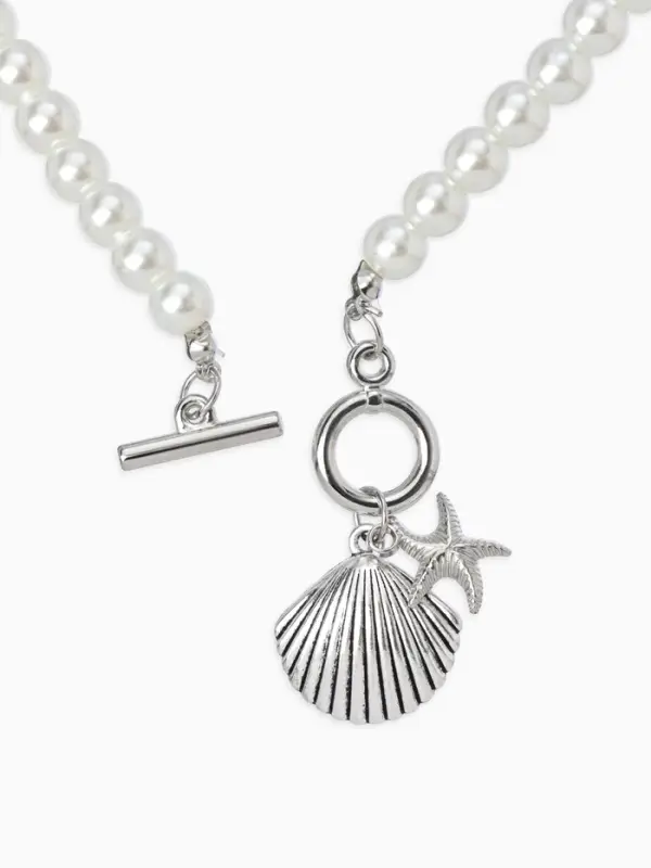 Набор 2 пред-та: бусы.браслет "Жемчуг", ракушка вонголе, цвет белый в серебре L=18/42см №8   1093654