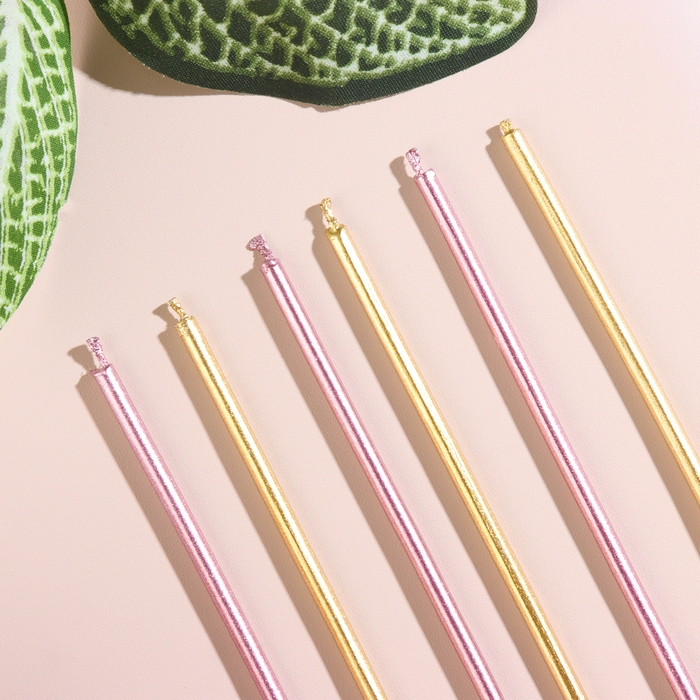 Набор свечей в торт, 6 штук "Happy", 17 см, золотой с розовым