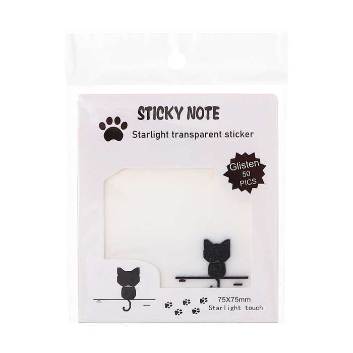 Блок с липким краем 75мм х 75мм 50л пластик прозрачные с блестками Котик
