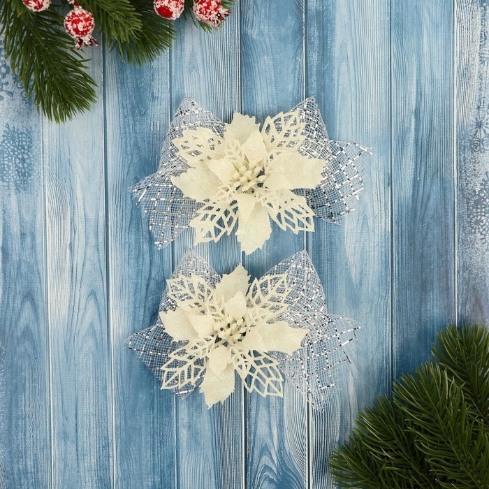 Украшение ёлочное Украшение ёлочное "Бантик с цветком" (набор 2 шт) 11х9 см, белый