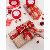 Лента бархатная с металлической нитью &laquo;Снежинки&raquo;, 38 мм &times; 9 &plusmn; 0,5 м, цвет красный/золотой