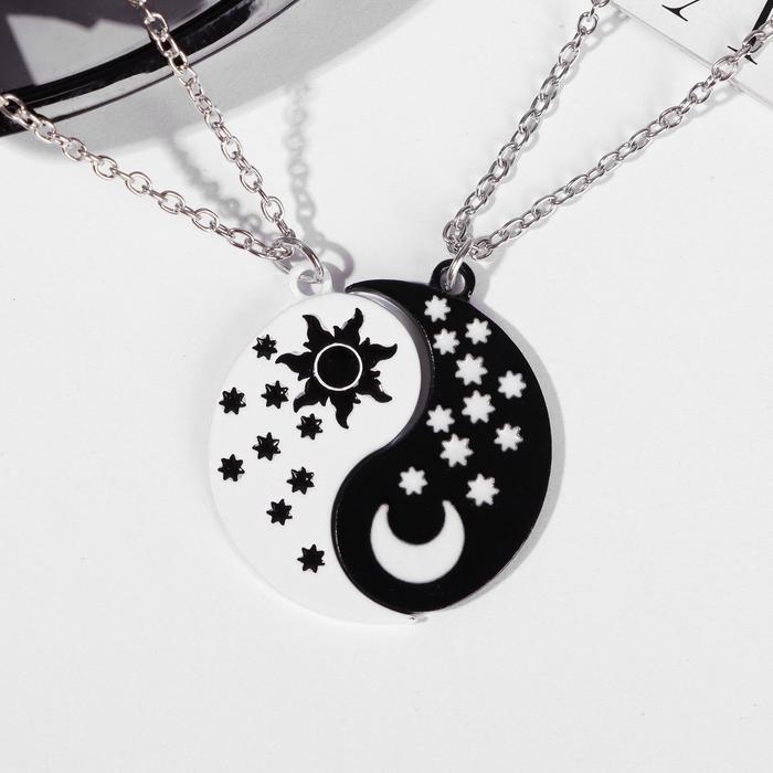 Кулоны &laquo;Неразлучники&raquo; день и ночь, цвет чёрно-белый в серебре, 45 см