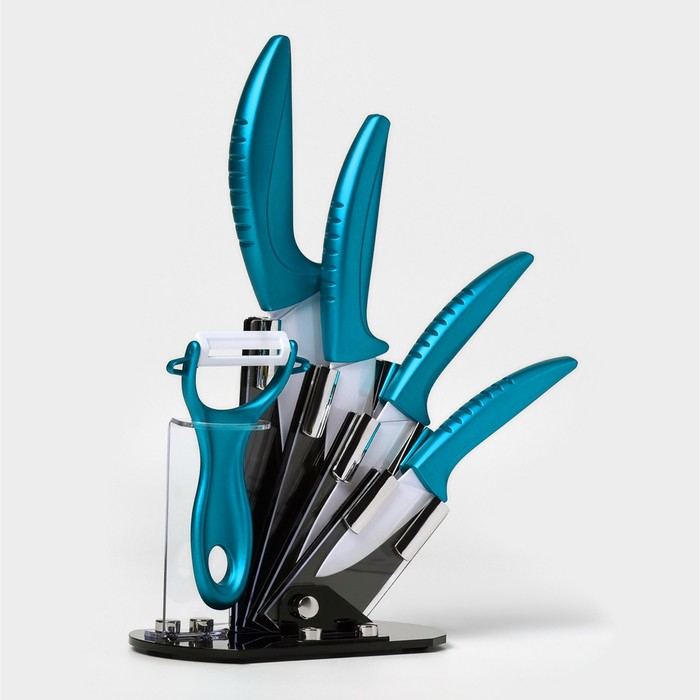 Набор кухонный на подставке &laquo;Изгиб&raquo;, 5 предметов: 4 ножа, 7,5 см, 10 см, 13 см, 15 см, овощечистка, цвет синий