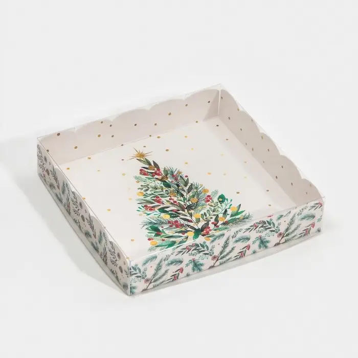 Коробка для кондитерских изделий с пластиковой крышкой &laquo;Елка&raquo;, 15 х 15 х 3 см