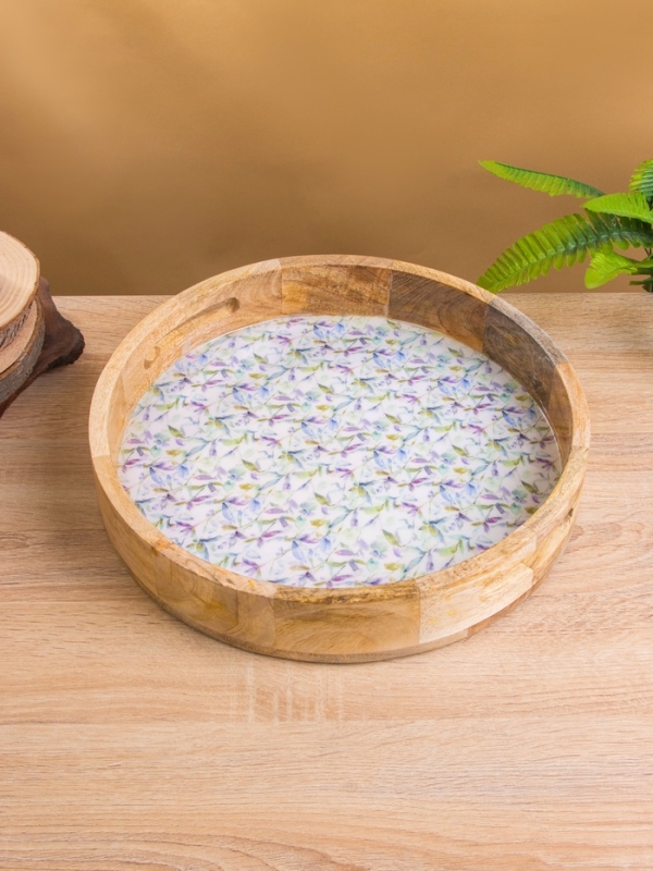 Поднос круглый с бортиками "Оттенки сирени" дерево манго 35х35х6,5 см