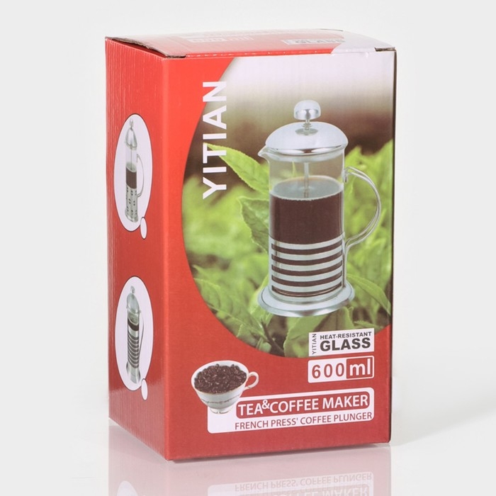 Чайник заварочный френч - пресс &laquo;Сейхо&raquo;, 600 мл, стекло, нержавеющая сталь