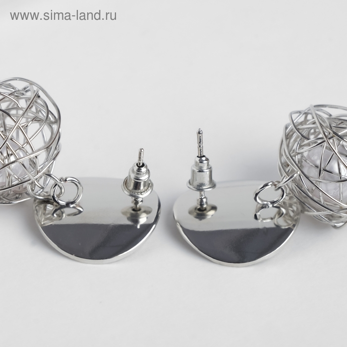 Серьги с жемчугом &laquo;Шар плетёный&raquo; гнездо, цвет белый в серебре