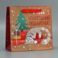 Пакет подарочный новогодний крафтовый квадратный &laquo;Подарочек&raquo;, 22 х 22 х 11 см, Новый год