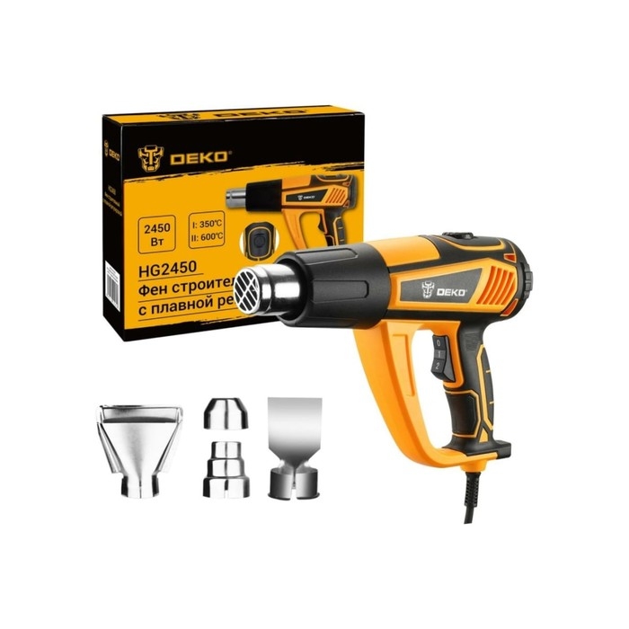 Фен строительный DEKO HG2450, 2450 Вт, плавная регулировка, 500 л/мин, кабель 2 м Фен строительный DEKO HG2450, 2450 Вт, плавная регулировка, 500 л/мин, кабель 2 м