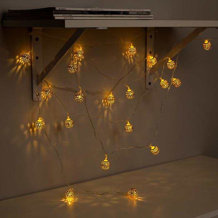 Гирлянда &laquo;Нить&raquo; 4 м с насадками &laquo;Шарик с узором&raquo;, IP20, прозрачная нить, 20 LED, свечение тёплое белое, 8 режимов, 220 В