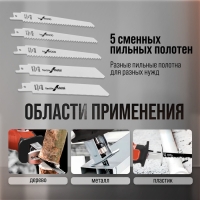 Пила сабельная аккумуляторная ТУНДРА, 20 В, 2 Ач, Li-ion, 2600 об/мин, 5 полотен в комплекте Пила сабельная аккумуляторная ТУНДРА, 20 В, 2 Ач, Li-ion, 2600 об/мин, 5 полотен в комплекте