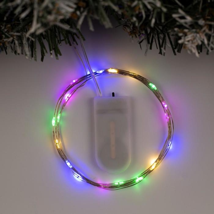 Гирлянда &laquo;Нить&raquo; 2 м роса, IP20, серебристая нить, 20 LED, батарейки CR2032х2 (в комплекте), свечение мульти