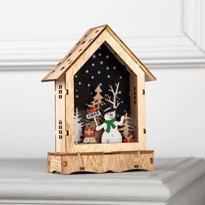 Светодиодная фигура &laquo;Дом со снеговиком&raquo; 12 &times; 17 &times; 4 см, дерево, батарейки АААх2 (не в комплекте), свечение тёплое белое