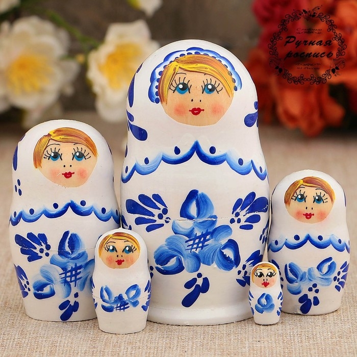 Матрёшка &laquo;Гжель&raquo;, белое платье, 5 кукольная, 10 см