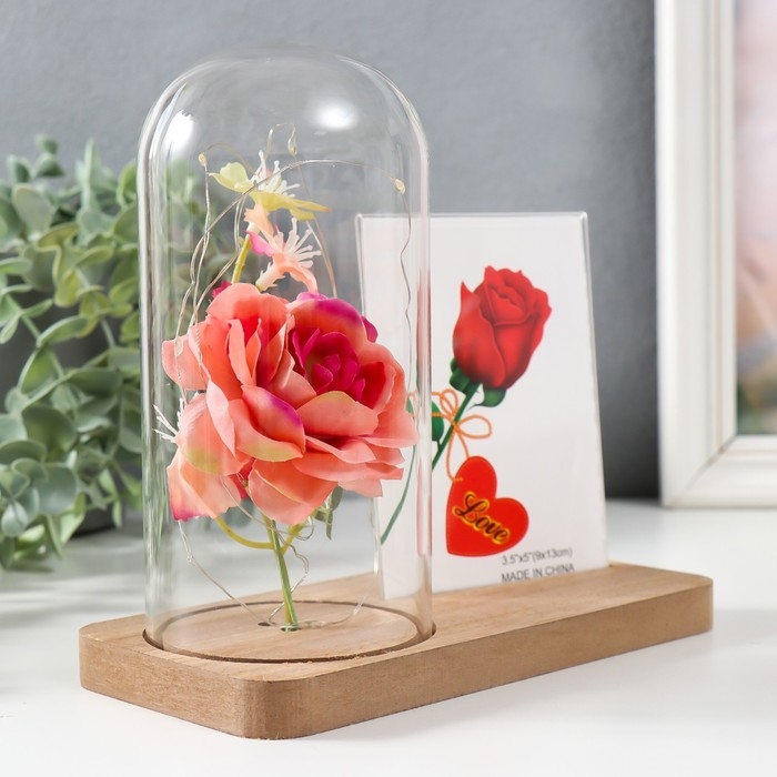 Фоторамка 9х13 см свет "Розовая роза в колбе" от батареек 2хLR1130 9,8х19,5х18 см