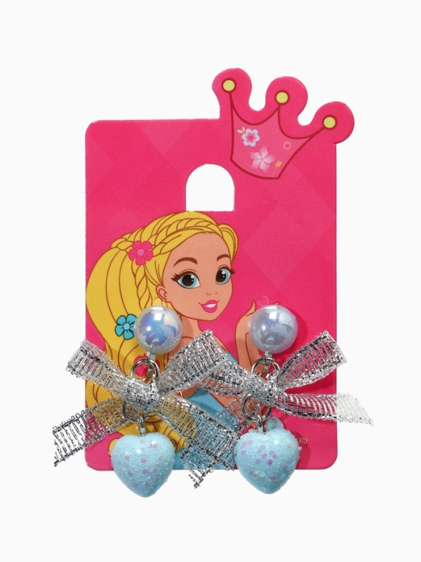 Серьги-клипсы детские "Выбражулька" сердце с бантом и кругом кристалл, цвет голубо-серебристый