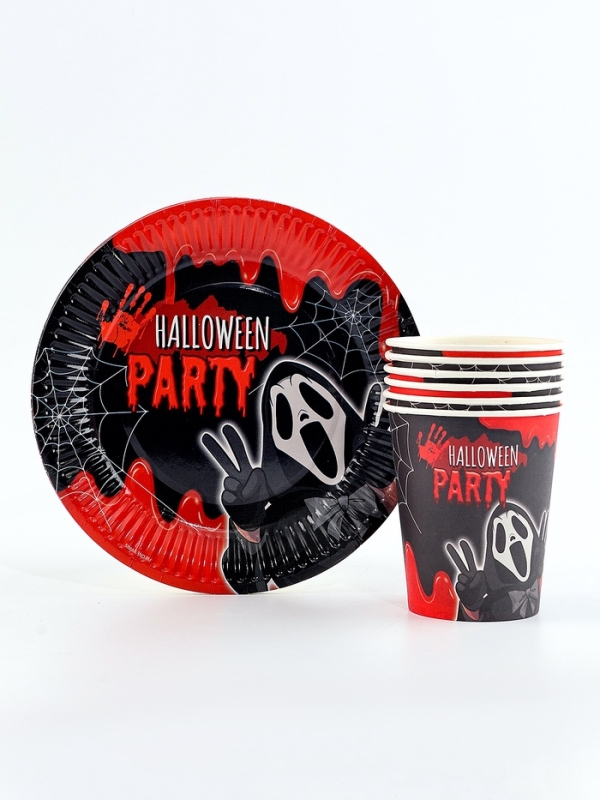 Набор бумажной посуды одноразовый "Halloween party" 6 тарелок, 6 стаканов