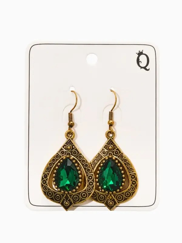 Серьги со стразми "Винтаж" капля, цвет изумрудный в чернёном золоте