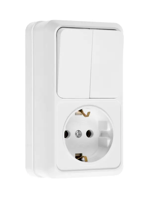 Выключатель с розеткой вернтикальный TANGO, 16 А, 2 клавиши + розетка, IP 20, открытой проводки с за