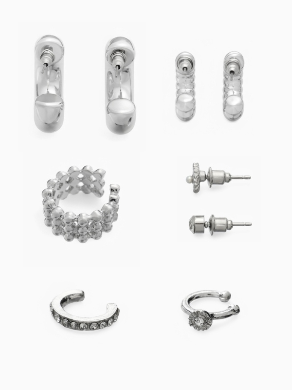 Серьги и каффы &laquo;Бублик&raquo;, набор 9 шт. цвет серебро