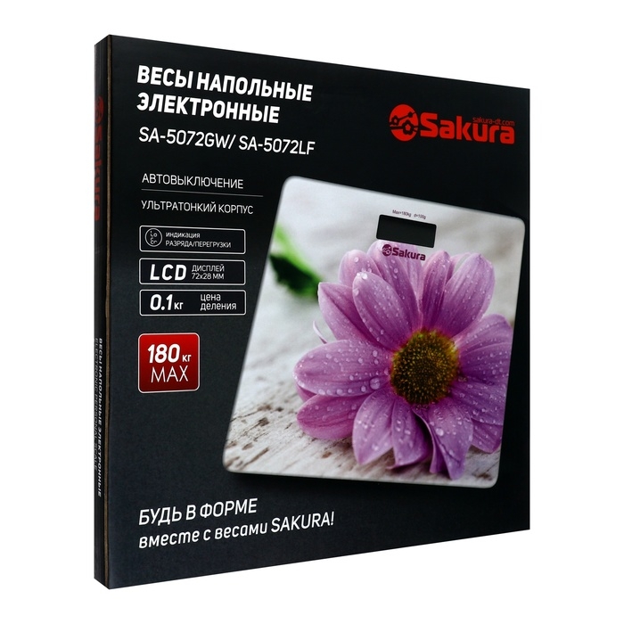 Весы напольные Sakura SA-5072LF, электронные, до 180 кг, 1хCR2032, стекло, Весы напольные Sakura SA-5072LF, электронные, до 180 кг, 1хCR2032, стекло, "лаванда"