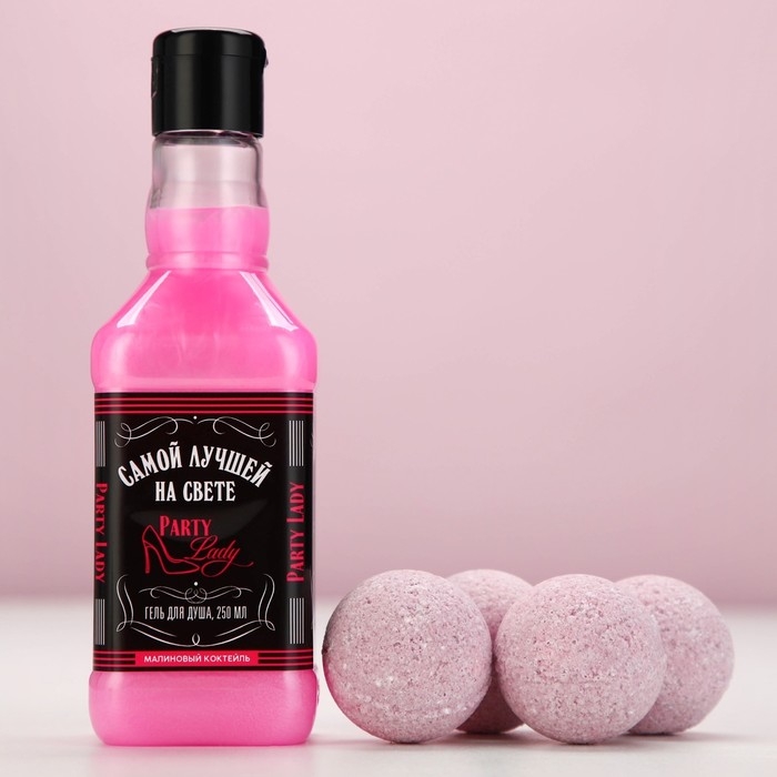 Новогодний подарочный набор косметики Party Lady, гель для душа во флаконе виски 250 мл и бомбочки для ванны 4 х 40 г, Новый Год