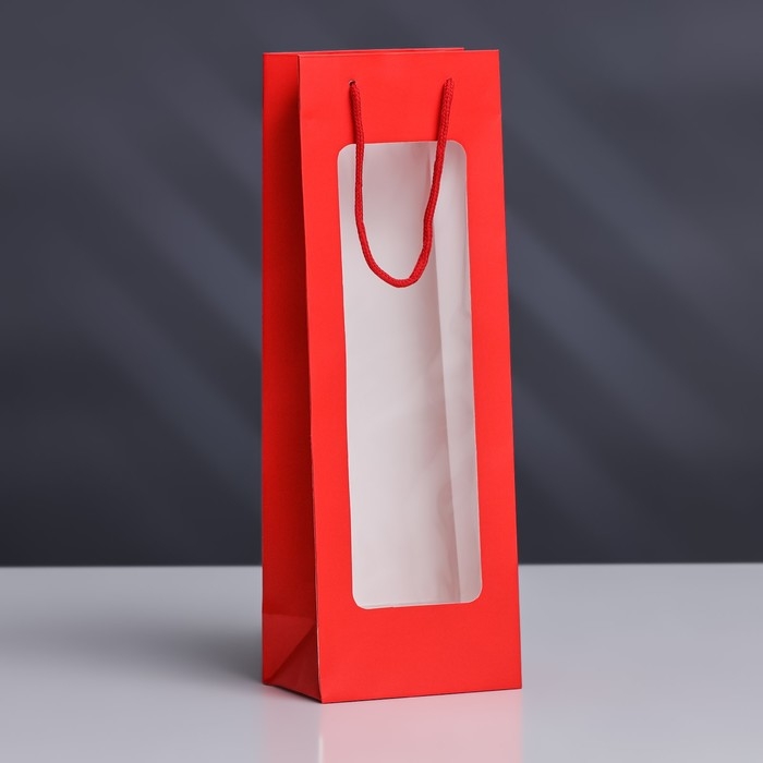 Пакет под бутылку с PVC окном 12,5 &times; 8,5 &times; 36 см, красный