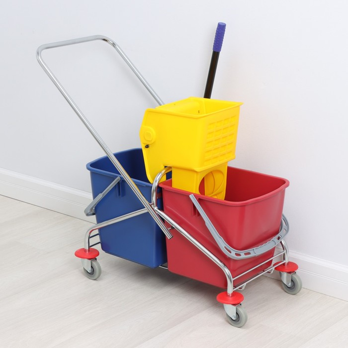 Тележка уборочная двухведёрная, 46 л, с отжимом, хромированная рама Тележка уборочная двухведёрная, 46 л, с отжимом, хромированная рама