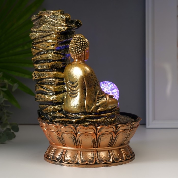 Фонтан настольный полистоун 220В "Будда у скалы с чашами" 30х21х21 см