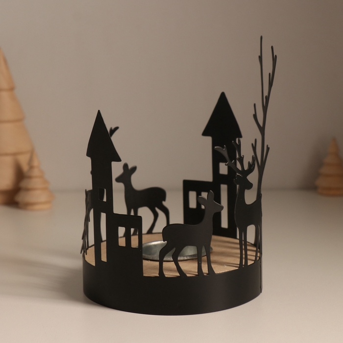 Подсвечник металл, дерево на 1 свечу "Домики и олени" d=4 см 10х10х13,8 см