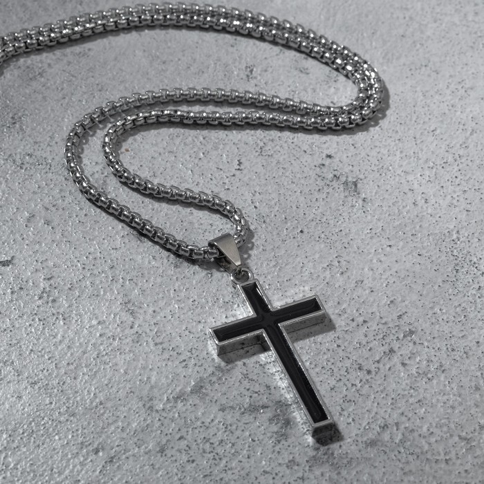 Кулон &laquo;Крест&raquo; прямой, цвет чёрный в серебре, 70 см